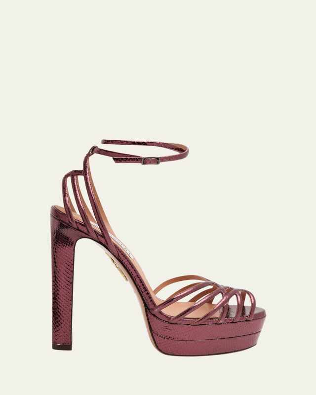 130mm Wild Dream Snake-Embossed Metallic Leather Platform Sandals